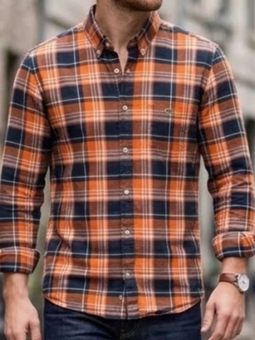 Lacoste Men's Vibrant Orange and Navy Plaid Shirt Size Medium